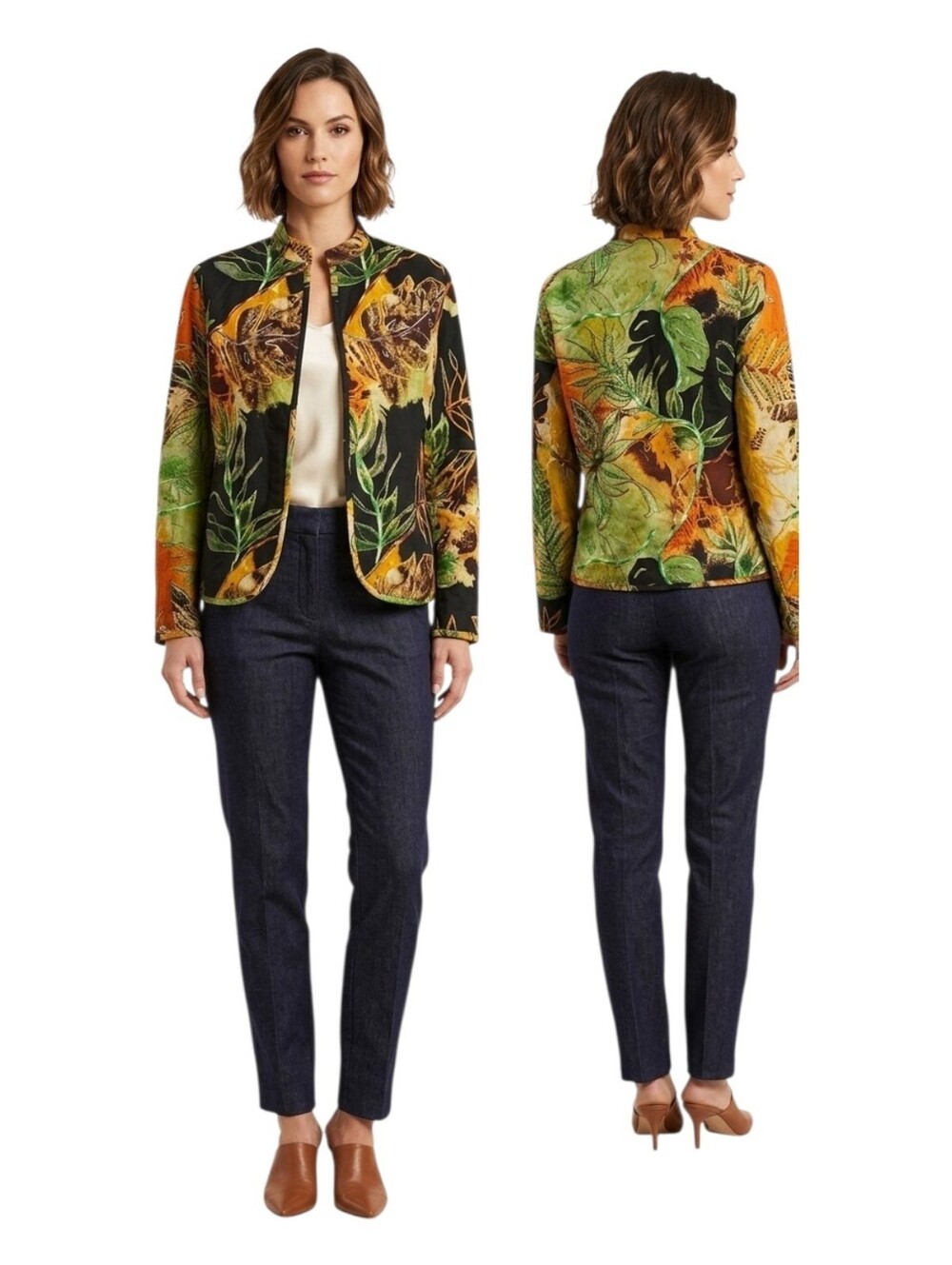 Anu By Natural Botanical Leaf Print Silk Blend Jacket Art to Wear Size: M